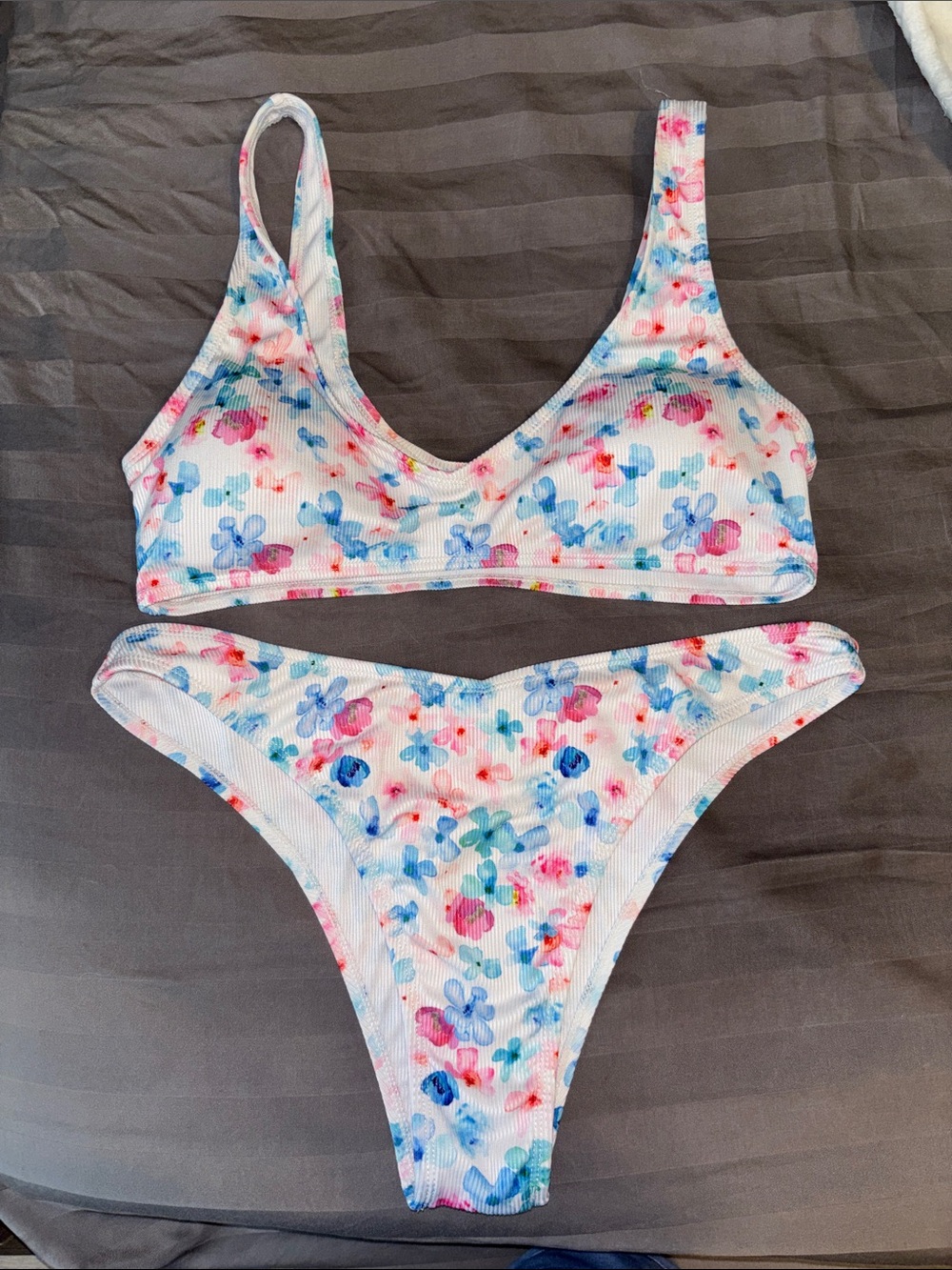 SHEIN White Floral Ribbed Bikini Set with Pink & Blue Flowers
